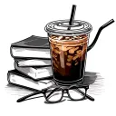 Iced Coffee with lid and straw and a stack of books and a pair of glasses tattoo design idea