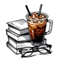 Iced Coffee with lid and straw and a stack of books and a pair of glasses tattoo design idea