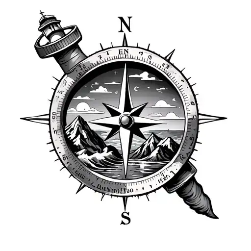 Compass with lighthouse and mountains inside tattoo design idea