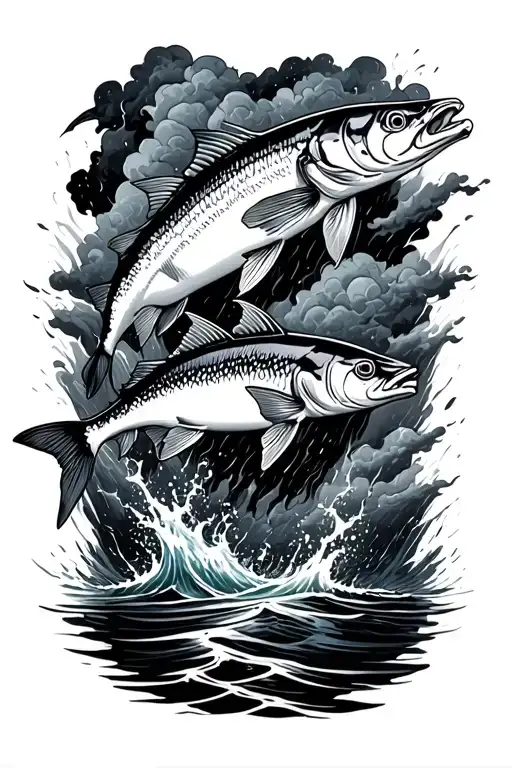 Storm with clouds with tarpon fish jumping out of water tattoo design idea