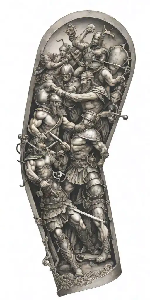 A scientific interpretation of a Greek Viking battle scene, with elements like test tubes and beakers mixed with swords and shields tattoo design idea