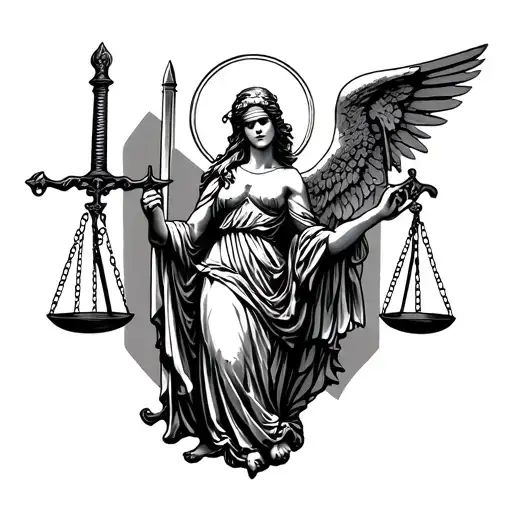 lady justice with sword and scale, blindfolded. Also Saint Michael with sword. Side by side. tatto tattoo design idea