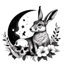 full body hare with a fox skull surrounded by a cresent moon with hibiscus tattoo design idea
