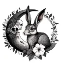 full body hare with a fox skull surrounded by a cresent moon with hibiscus tattoo design idea