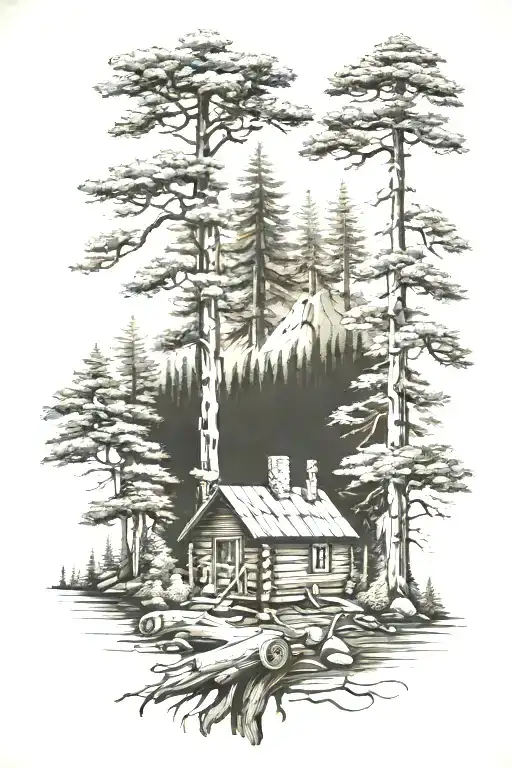 forest scene with log cabin nestled tattoo design idea