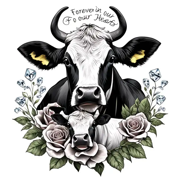 "Forever in our Hearts "  cow,roses,diamonds and baby calf tattoo design idea