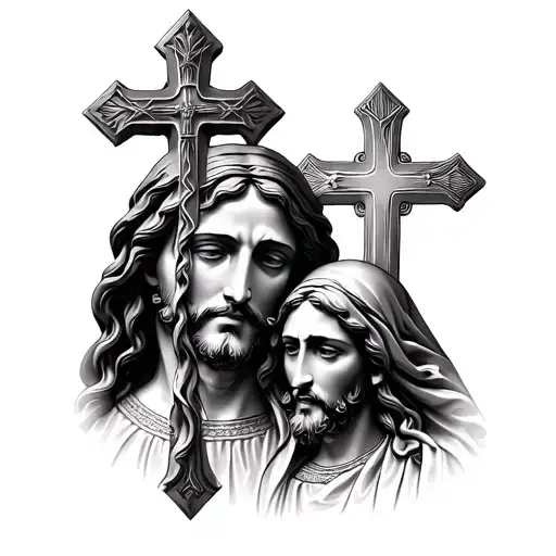 3 crosses, Jesus face, Virgin Mary face, and saint Jude  tattoo design idea