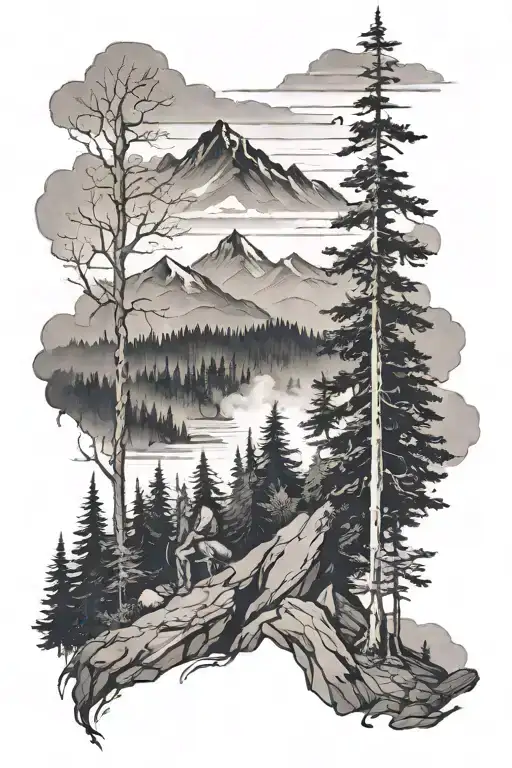 mountain,  forest and a person waiting in the hope to meet his lost love  and write "TENNIE" in English tattoo design idea