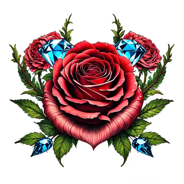 1 large blue diamond in center, red rose, ovaries fallopian tubes uterus vagina, goddess tattoo design idea