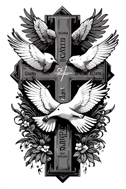 Cross with two doves on the cross with names Gianna and Alayah and date January 7 2025. tattoo design idea