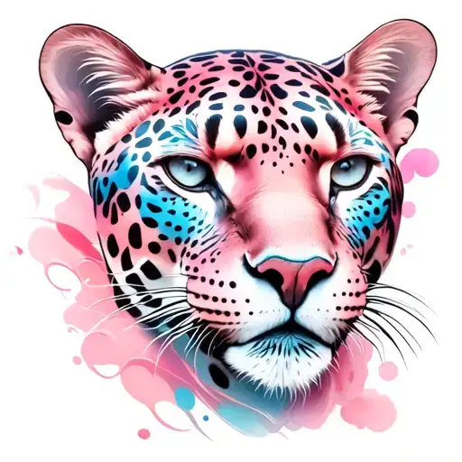 panther female, feminine, pink, blue, white tattoo design idea