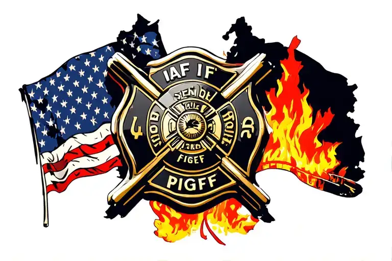 IAFF firefighter cross in the foreground with American and Canadian flag behind the cross with a fire scene background.  tattoo design idea