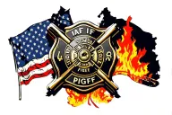 IAFF firefighter cross in the foreground with American and Canadian flag behind the cross with a fire scene background.  tattoo design idea