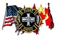 IAFF firefighter cross in the foreground with American and Canadian flag behind the cross with a fire scene background.  tattoo design idea