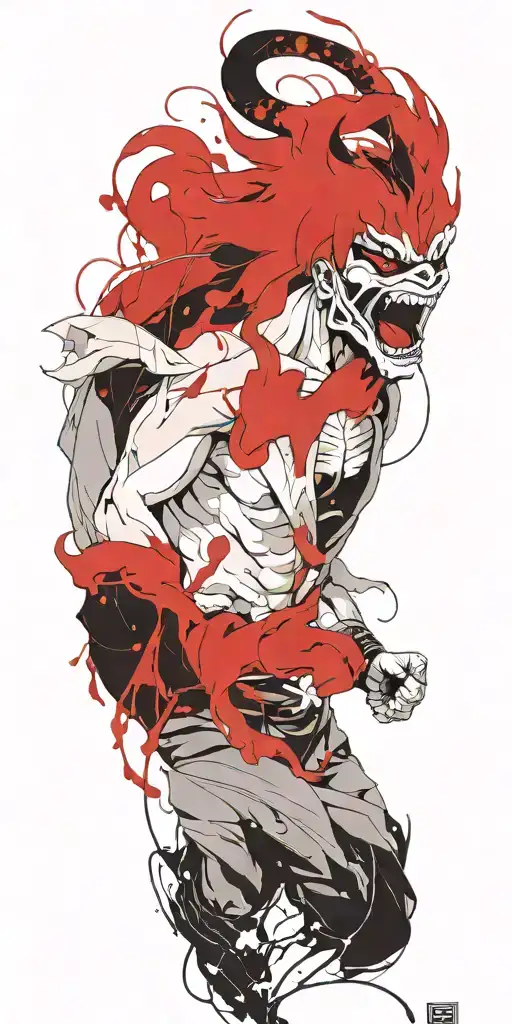 Anime character standing screaming wearing oni mask fighting off inner demons in hell tattoo design idea