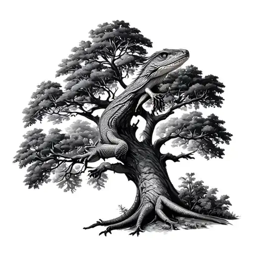 oak tree with lizard climbing trunk. heraldic design.  tattoo design idea