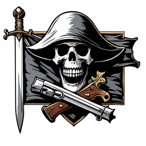pirate skull with sword and gun and pirate flag tattoo design idea
