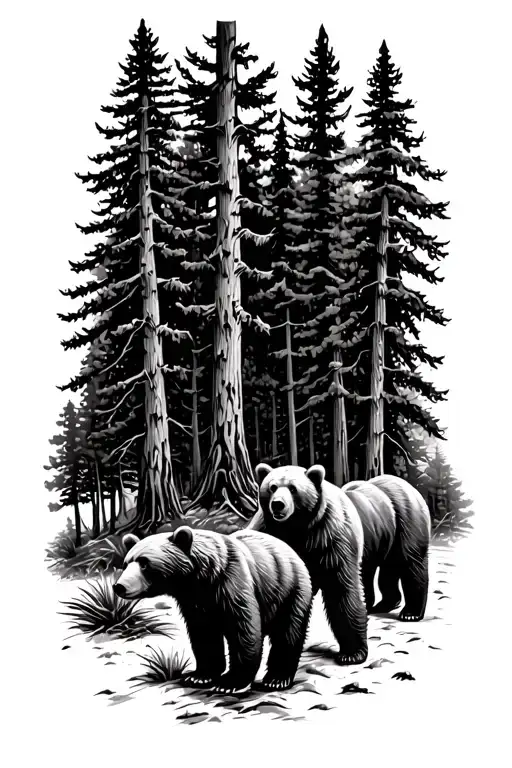 3 bear cubs walking in the wilderness Sequoia trees tattoo design idea