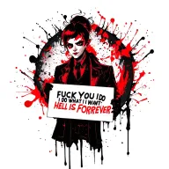 Adam from hazbin hotel holding a sign saying "fuck you I do what I want" with wording over on top saying hell is forever tattoo design idea