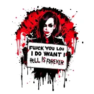 Adam from hazbin hotel holding a sign saying "fuck you I do what I want" with wording over on top saying hell is forever tattoo design idea