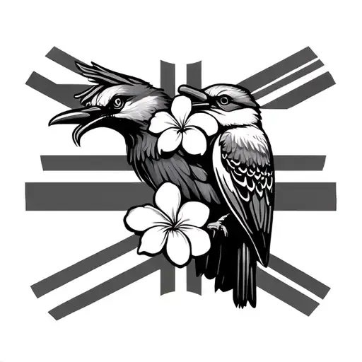 Frangipani kookaburra Australian flag United Kingdom flag intertwined tattoo design idea