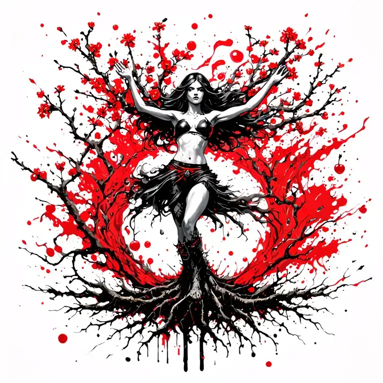 woman warrior with legs turning to roots reaching deep arms up turning to branches with small cherry flowers  tattoo design idea