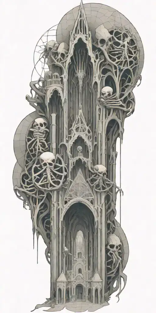 cthulhu, mindflayers, skeletons and cultists trapped in a geometric cathedral realism, tentacles, mindwarp tattoo design idea