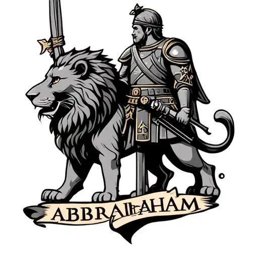 Lion and Illyrian soldier with the word "abraham" somewhere in the tattoo tattoo design idea