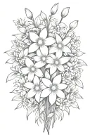 daisies and daffodils bouquet with cherry blossoms, snow drops, violets, stems tattoo design idea