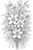 daisies and daffodils bouquet with cherry blossoms, snow drops, violets, stems tattoo design idea