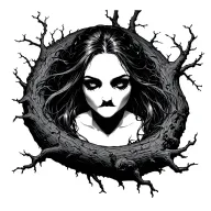creepy female head looking down swinging hanging from creepy of tree tattoo design idea
