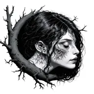 creepy female head looking down swinging hanging from creepy of tree tattoo design idea