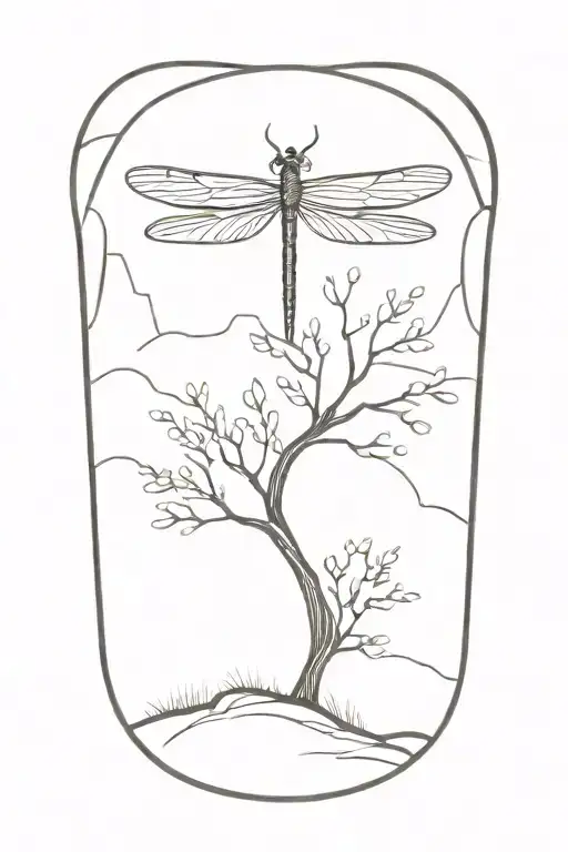 bare tree on hill small dragonfly tattoo design idea