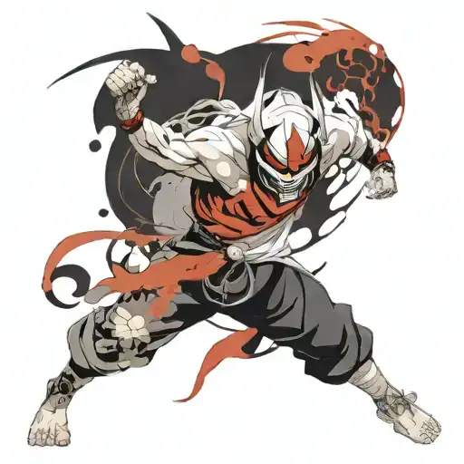anime character full body wearing a oni mask fighting off inner demons with minimal black areas and no background filler tattoo design idea