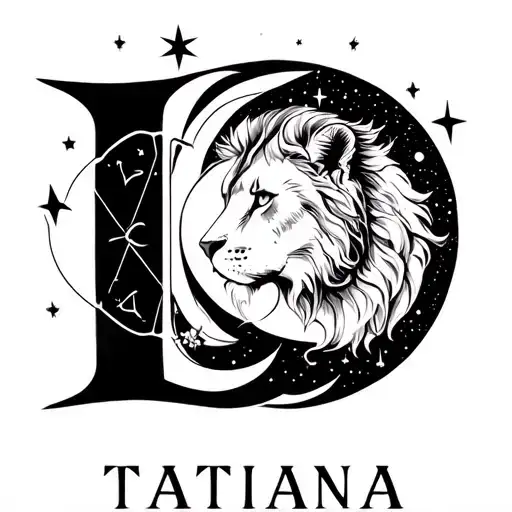 astrological sign Leo name tatiana. metaphysical stuff. moon and stars black and white feminine, no people tattoo design idea