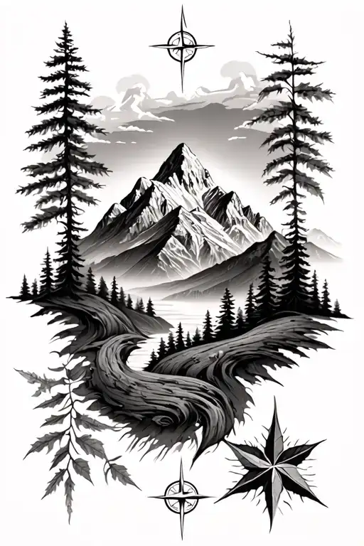 mountains and forest with winding leaves and compass tattoo design idea