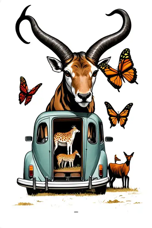 I want a car with Toreau horns, butterfly doors in the savannah. With animals in the background tattoo design idea