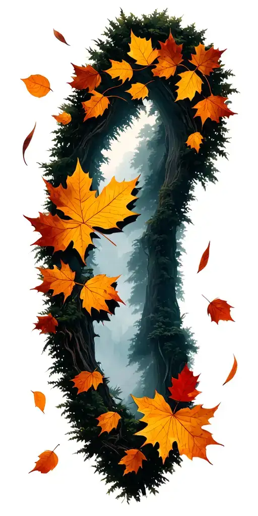 fall landscape scene set warm colors several leaves scattered tattoo design idea