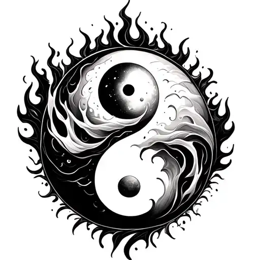 Black and white ying yang with fire and water elements inside and sun and moon as the inner circles tattoo design idea