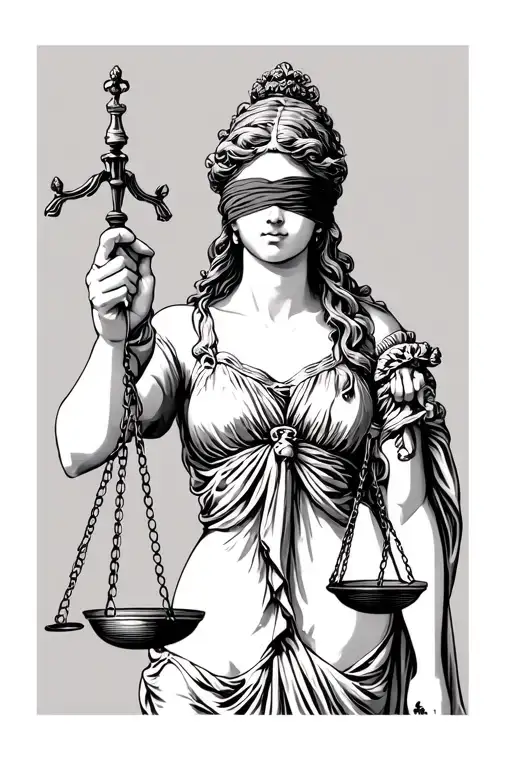 realism lady justice holding scales blindfolded tattoo design idea