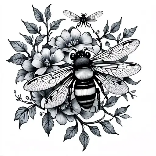 fine line floral/vine wrap tattoo with a bee and dragonfly tattoo design idea