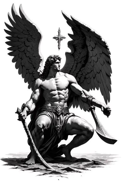 St. Michael the Archangel kneeling. Defend us in battle be our protection against the mailce and snares of the devil tattoo design idea