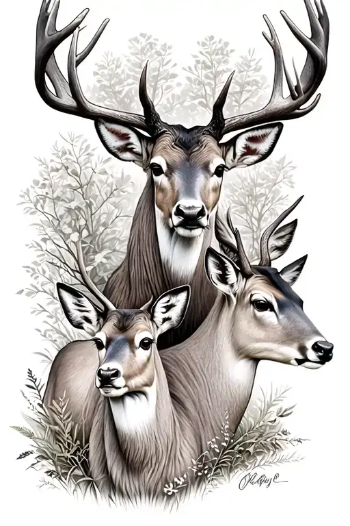 Large buck, with a young buck, a doe, and a young doe tattoo design idea