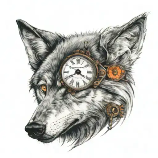Wolf blue and orange eyes, and behind the wolf is old clock tattoo design idea