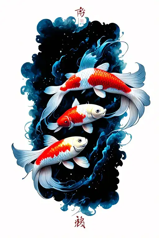 "featuring three koi fish" Japanese-style tattoo from forearm to shoulder, a nebula-like background blending into the skin tattoo design idea