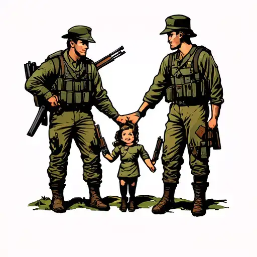 A soldier caught between duty and family holding hands tattoo design idea