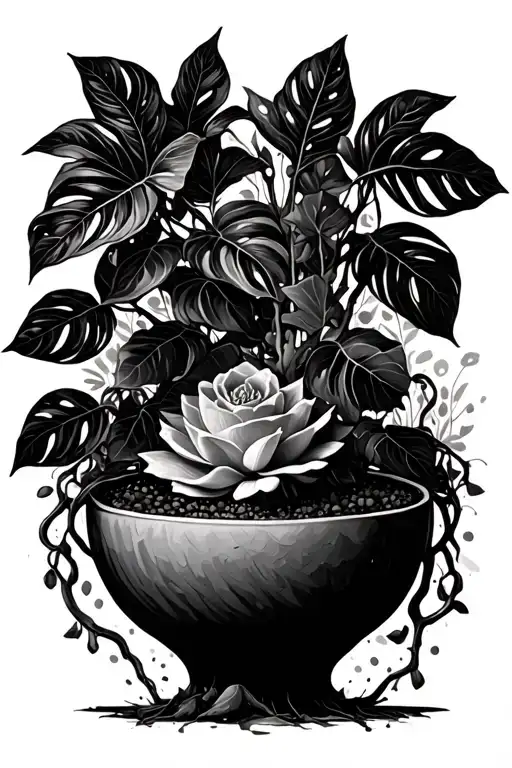 ivysaur with vines coming out of bulb into begonia maculata and monstera Thai constellation plant leaves tattoo design idea