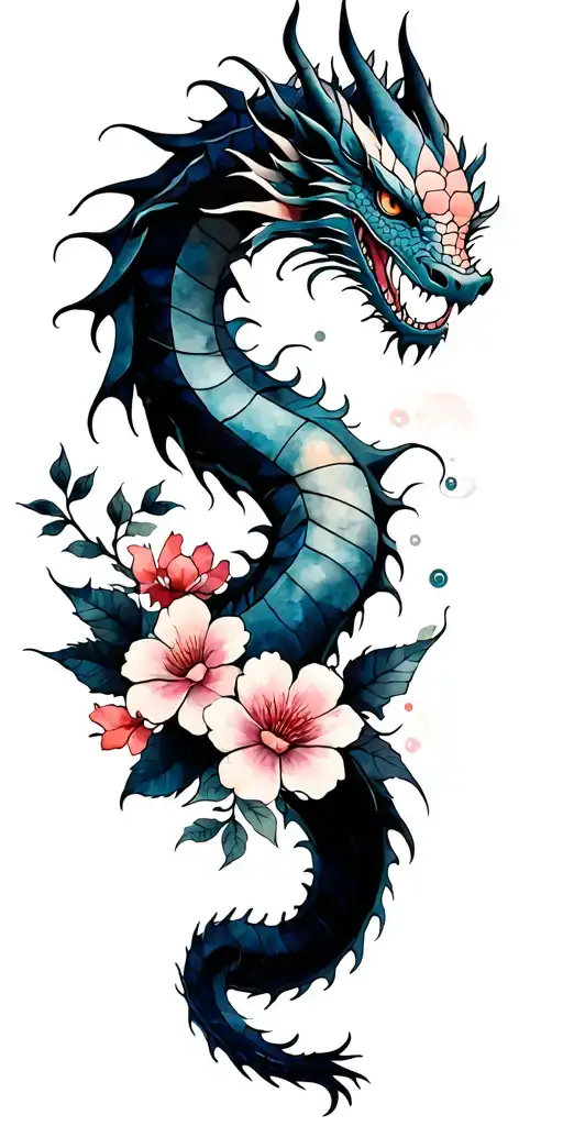 dragon with tail wraping arroud bicep and wrist, Japanese flowers, and tribal geometeic in the negative space and vines  tattoo design idea