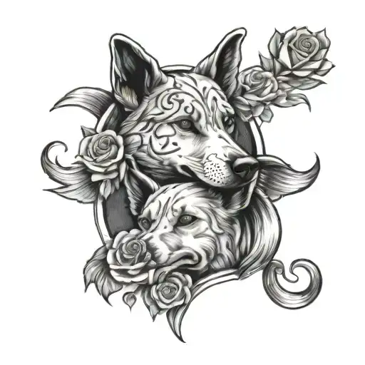 two dog faces and above ther head it is a text with forever in my heart and roses and birs tattoo design idea