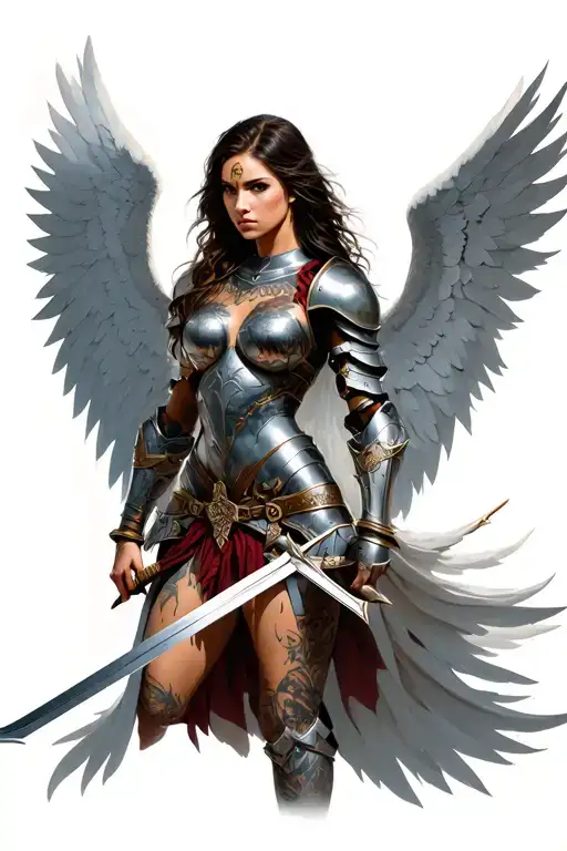Valkyrie with above average breasts, in battle torn armor, seductivebattle pose. with angel like wings, sword in hand, h tattoo design idea